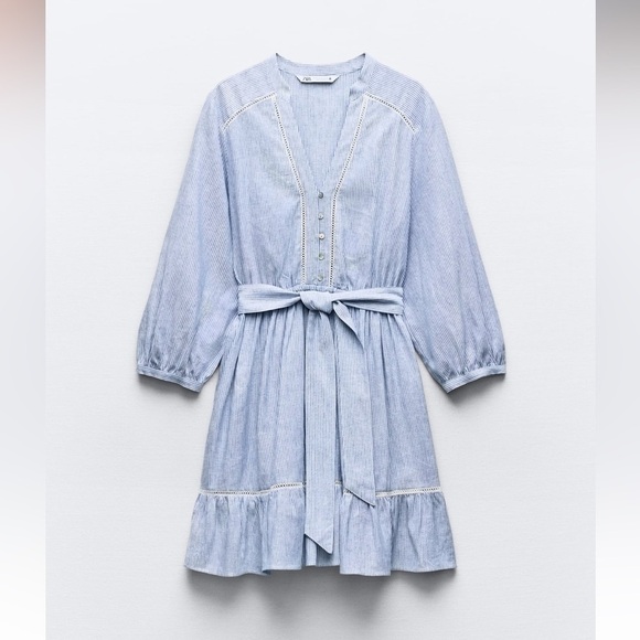 Zara Dresses & Skirts - New ZARA Linen Bland Striped Inserts V-neck Long Sleeve Mini Dress